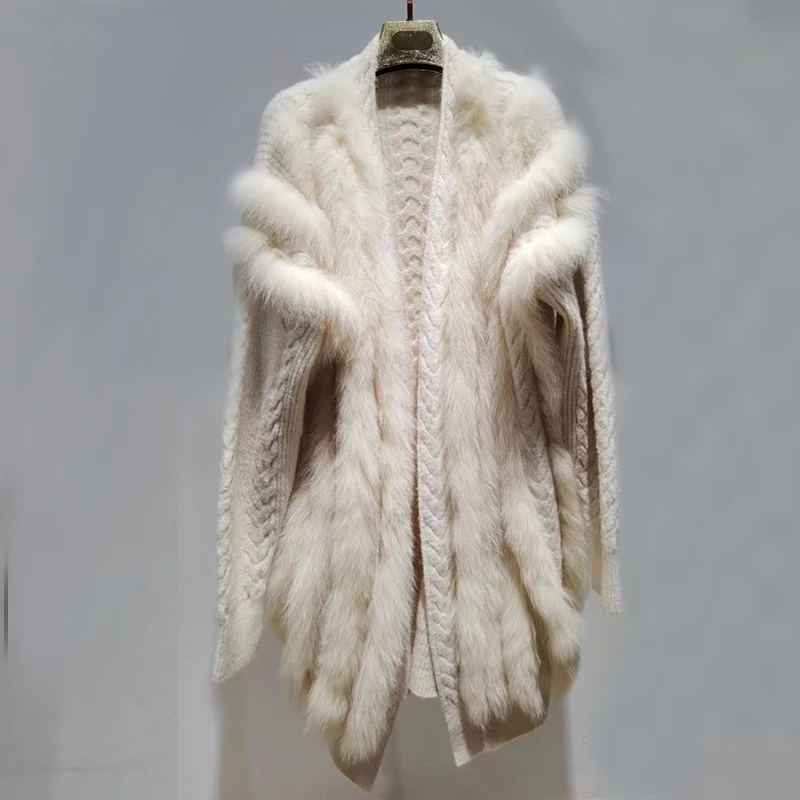 Frauen Echt Fuchs Pelz Stricken OverSize Lose Frühling Fuchs Pelz Streifen Gemeinsamen Genäht Außerhalb Dekoration dame Mode Pullover Mantel