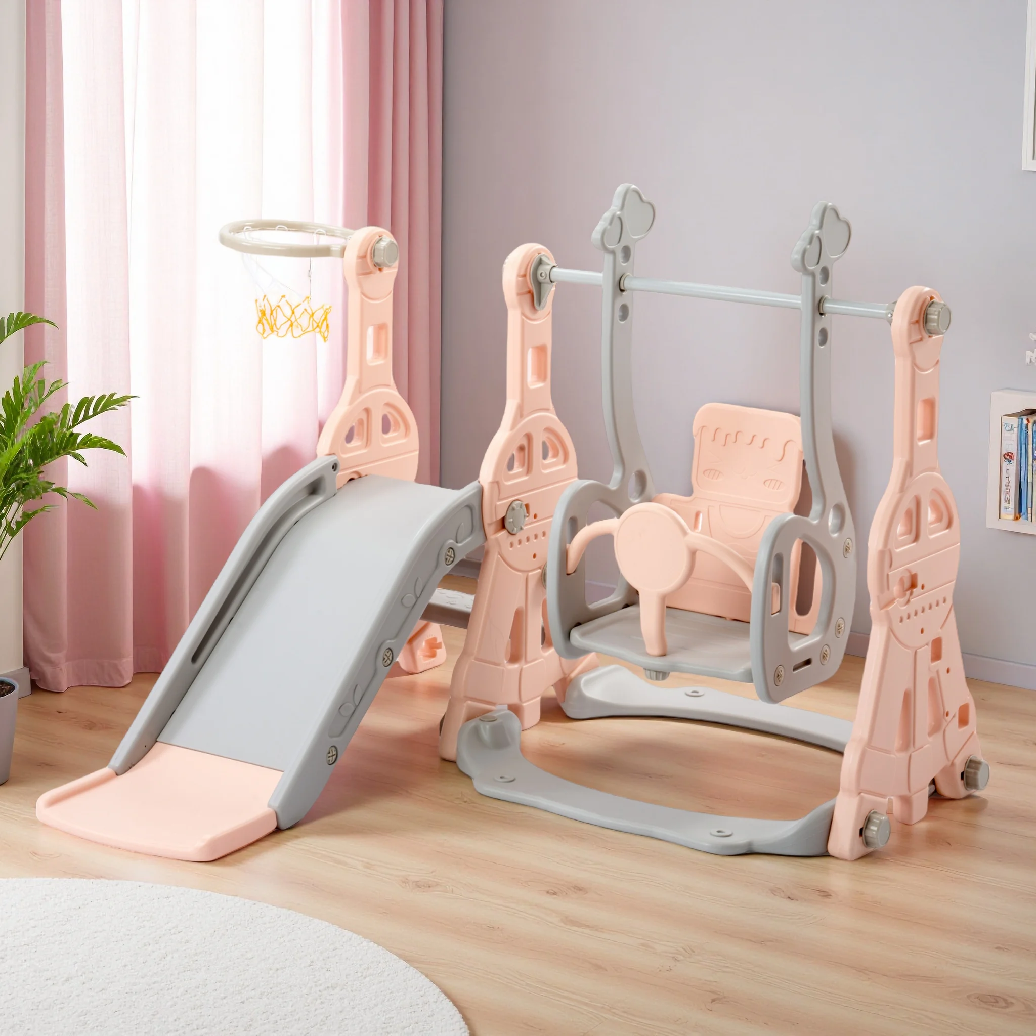 Kinderrutsche, 4-in-1-Rutsche für drinnen und draußen, Kinderspielplatz mit Basketballkorb, Regal und Schaukel, für Kinder, Rosa, Blau