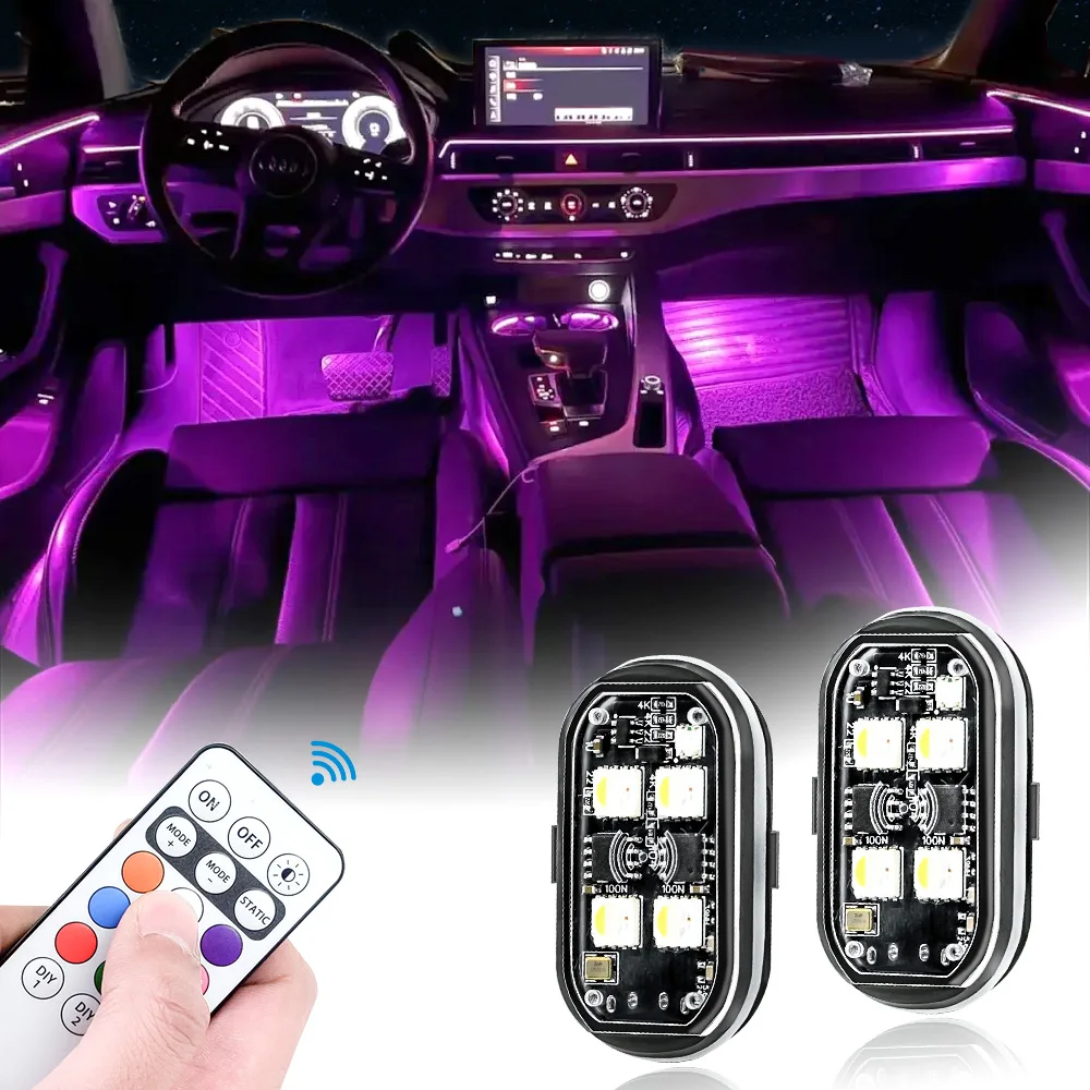 2x lampe d'ambiance de décoration de voiture lumières stroboscopiques LED sans fil 8 couleurs voyant d'avertissement pour moto voiture avion vélo