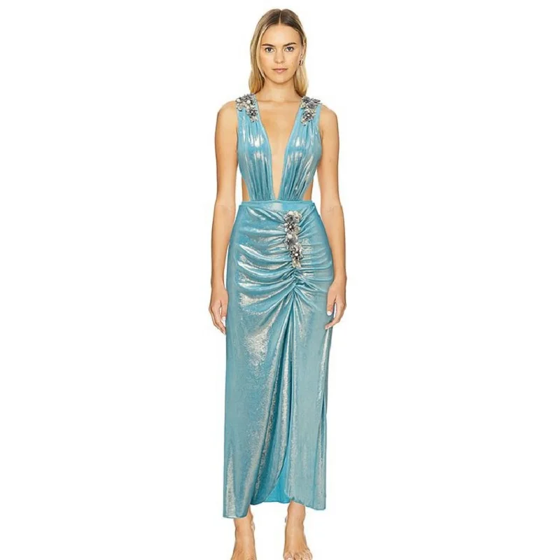Maillot de bain une pièce brillant, couleur unie, décolleté en V profond, industrie lourde, ensemble pour femmes, Style populaire, nouvelle collection 2024