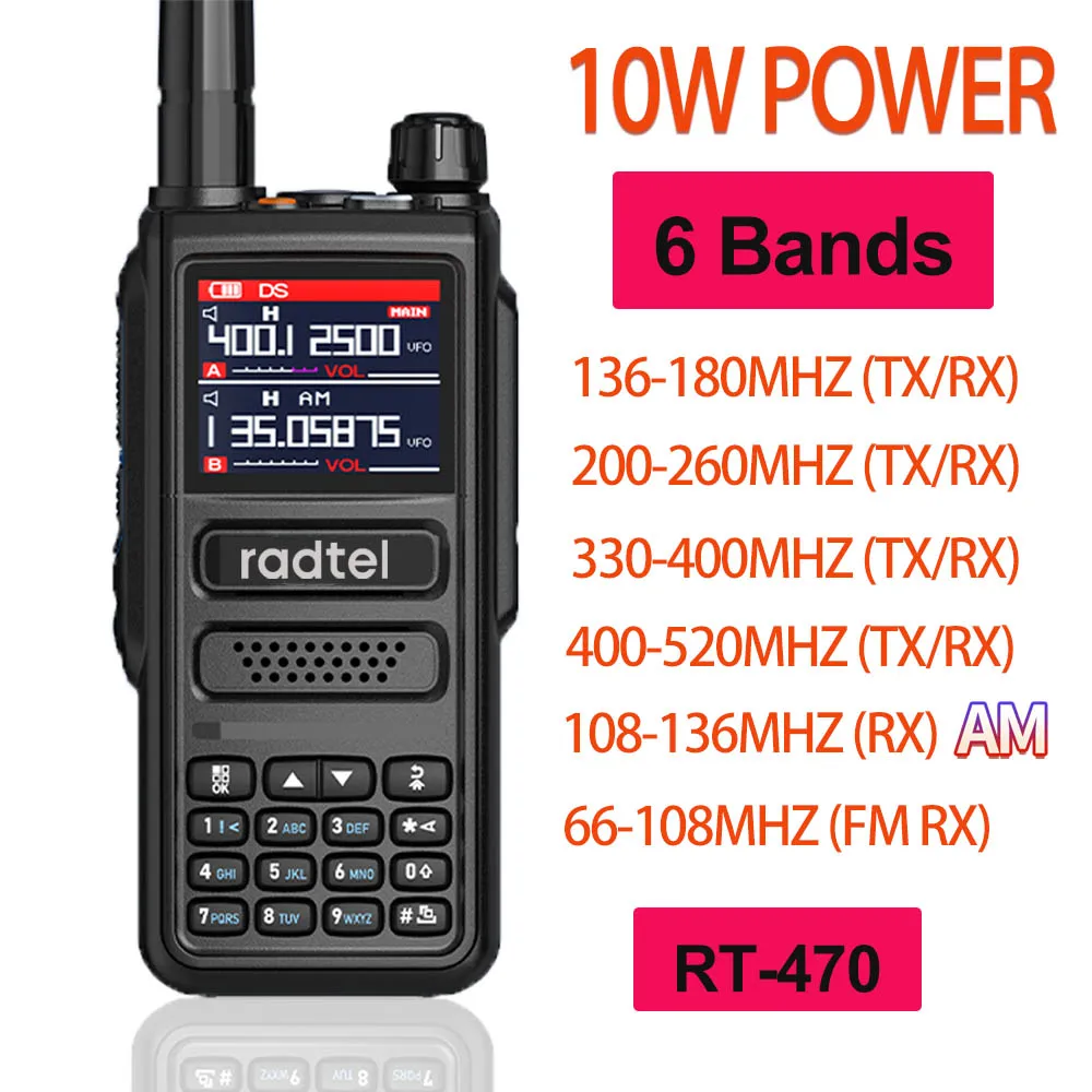 Radtel-estación de Radio bidireccional para aficionados, Walkie Talkie de banda aérea, 256 canales, 10W, NOAA, LCD, escáner de policía, aviación, 6 bandas, RT-470