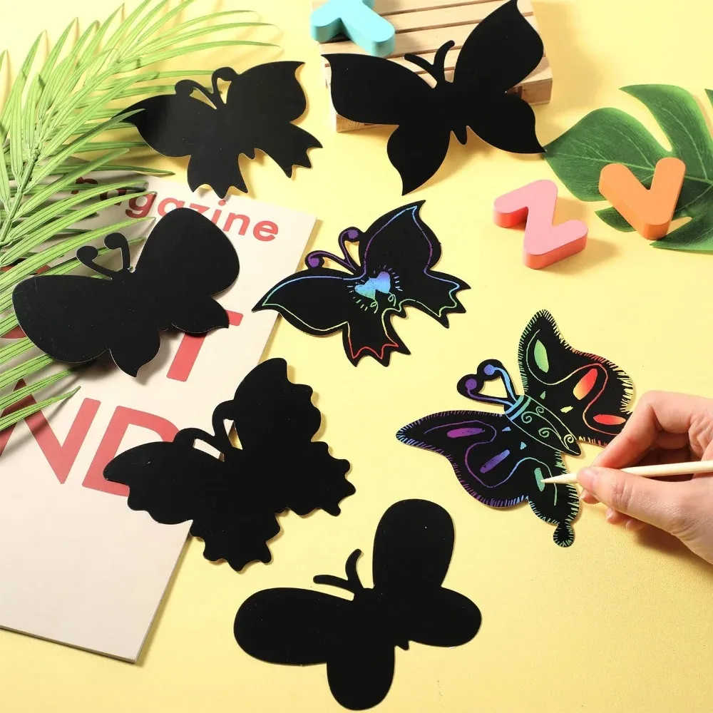 12/6Pcs Set Magic Scratch Art Butterfly Scratch Drawing Paper Bookmarks Kids Painting Book Creative Card Sticker Crafts Kids Toy