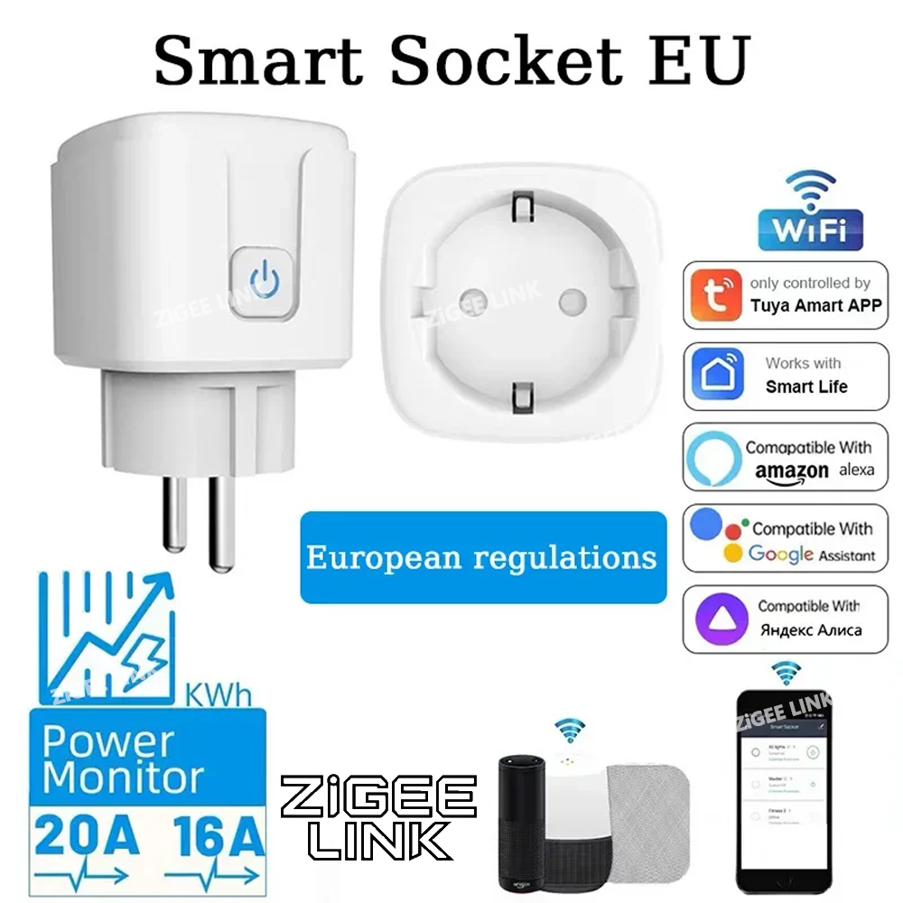 Tuya 16A,20A enchufe inteligente WiFi función de sincronización de monitoreo de energía de la UE funciona con Alexa, Google Home, Alice, Smart Life Home