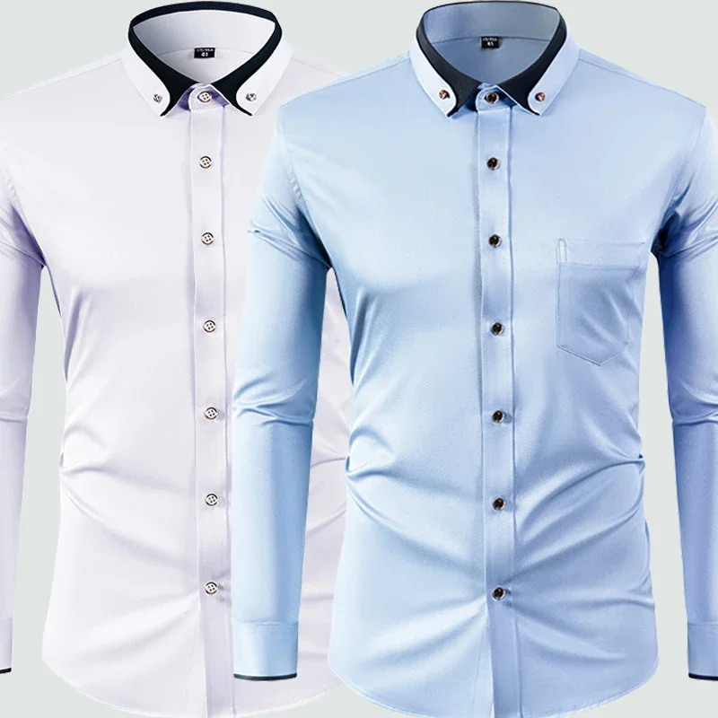 Elastic shirt men's long sleeved diamond buckle contrasting collar design solid color slim fit men's shirt men's clothing