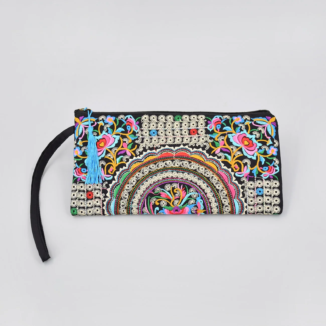 Pochette da polso con portafoglio lungo ricamato in stile etnico vintage con tessuto floreale e tasca per telefono