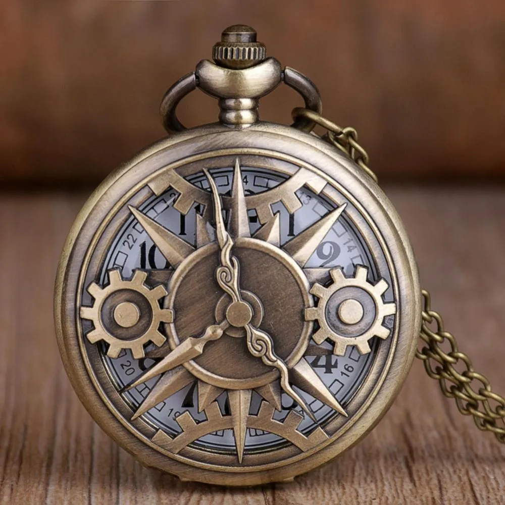 Wykwintny retro brązowy Steampunk Hollow Gear Design kwarcowy zegarek kieszonkowy z naszyjnikiem łańcuszek wypoczynek wisiorek prezent męski zegar