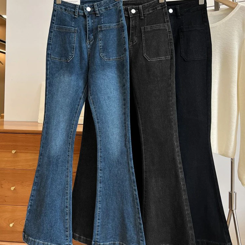 Pantalones vaqueros holgados de cintura alta para mujer, Vaqueros ajustados con bolsillos, acampanados, clásicos, elásticos, rectos, combinan con todo