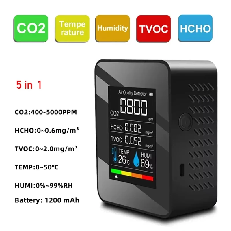 Medidor de CO2 multifuncional 5 en 1, probador Digital de temperatura y humedad, Detector de dióxido de carbono TVOC HCHO, Monitor de calidad del aire, nuevo