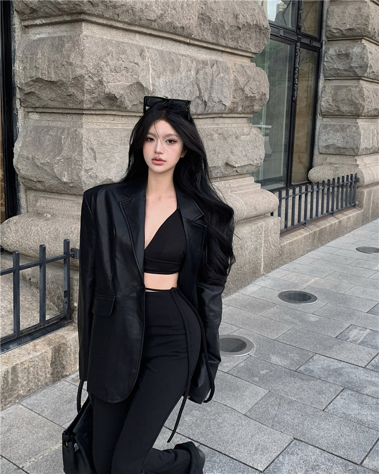 Veste en similicuir PU pour femme, Blazer combiné, Vestes à col rabattu, Manteau à point ouvert, Maxi, Décontracté, Élégant, Punk, Streetwear Y2k
