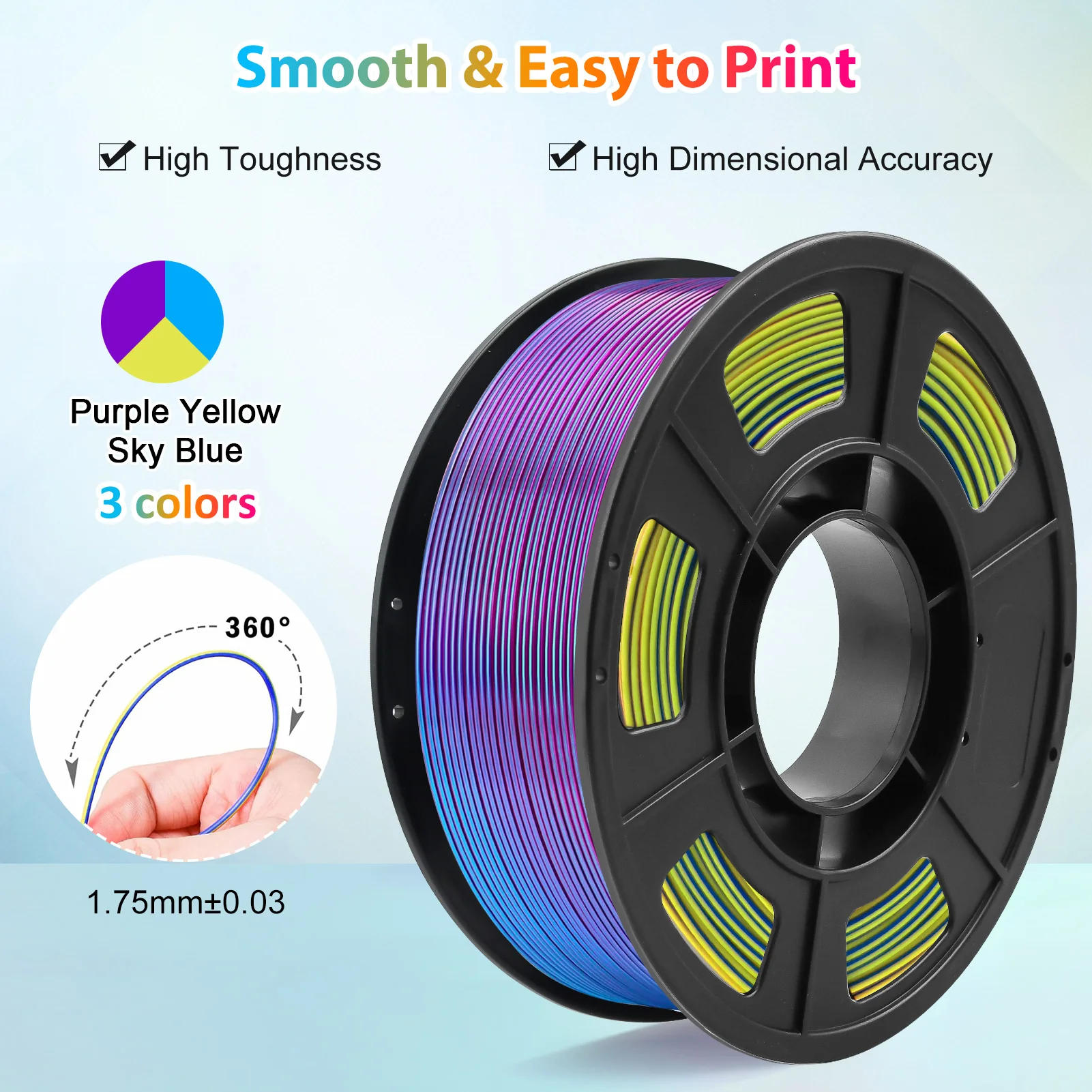 Filament d'imprimante 3D PLA en soie tricolore, filament d'impression 3D multicolore de 1,75 mm, filament violet, bleu ciel et jaune, 250 g (0,55 lb)