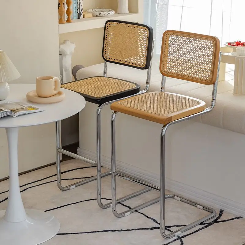 Nordic Solid Wood Rattan Bar Chair Home High Stool Simple Retro Bar Chair Front Desk High Chair Furniture