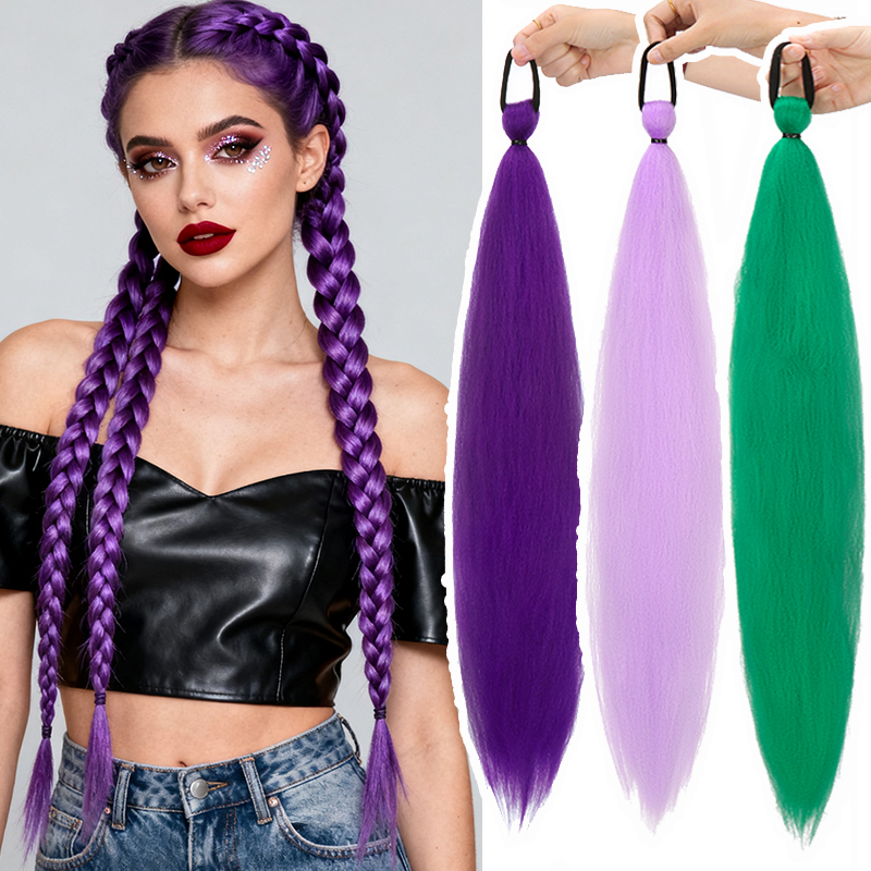 26 Zoll synthetischer langer gerader Pferdeschwanz mit elastischem Haar, bunte Flechten, Pferdeschwanz-Haarverlängerungen, Haar-Accessoires für Frauen