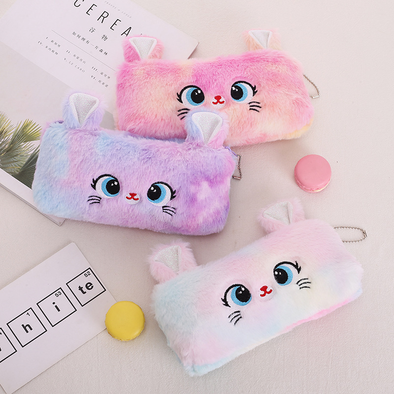 Lindo estuche de lápices de gatito degradado con gran capacidad y alto valor estético, regalo de vacaciones para estudiantes, papelería de felpa para niña