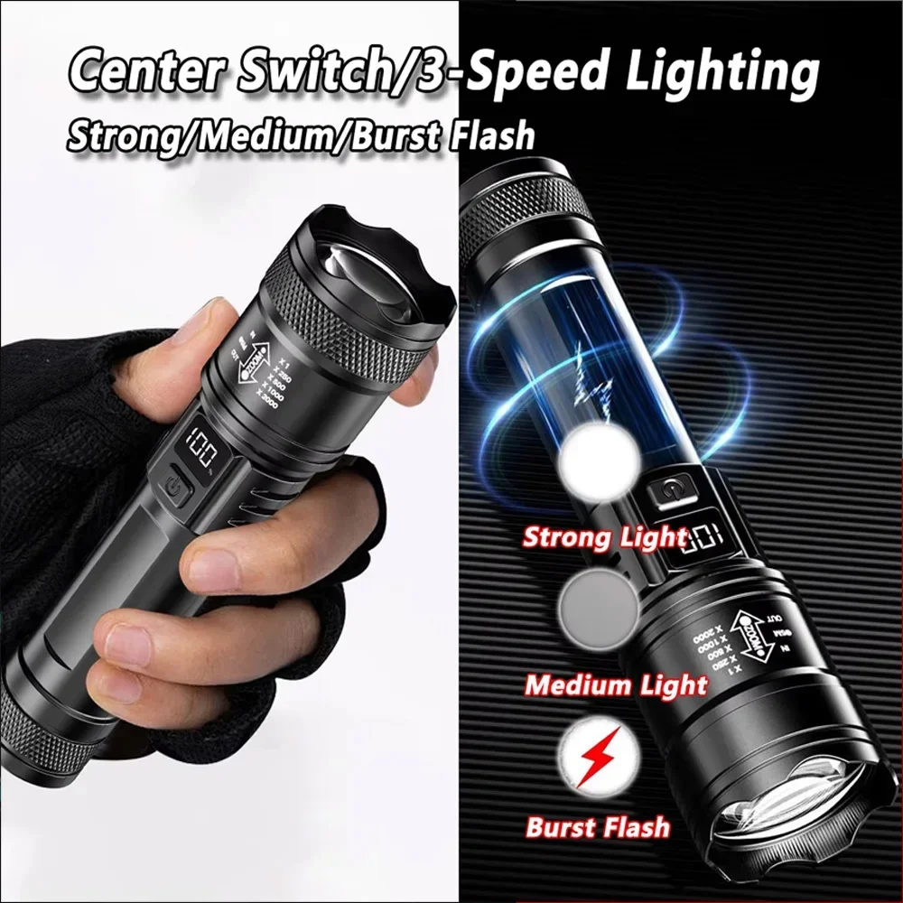 Hochstarke LED-Taschenlampen, 2000 lm, taktische Taschenlampe mit Display-Licht, USB-Aufladung, Camping, Angeln, Notfall-Zoom-Laterne