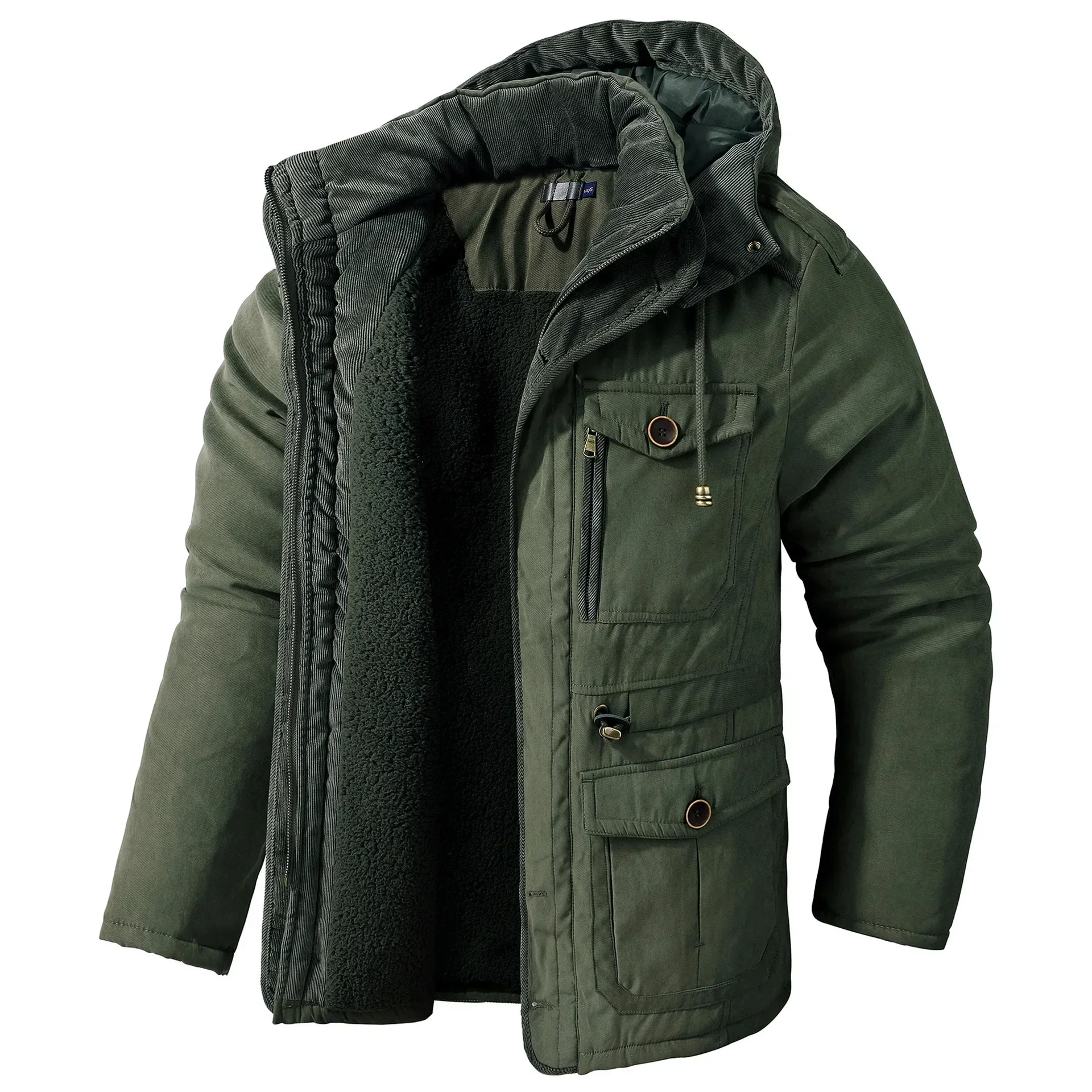 Chaqueta de lana de cordero con capucha para hombre, abrigo informal de longitud media con múltiples bolsillos, algodón grueso, talla grande de EE. UU., Invierno