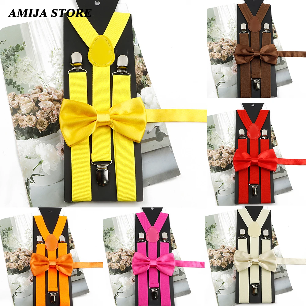 Fashion Suspender Bow tie Set Candy Color Satin Bowtie With Braces Unisex Clip-on Elastic Y-back Straps Butterfly Party Wedding