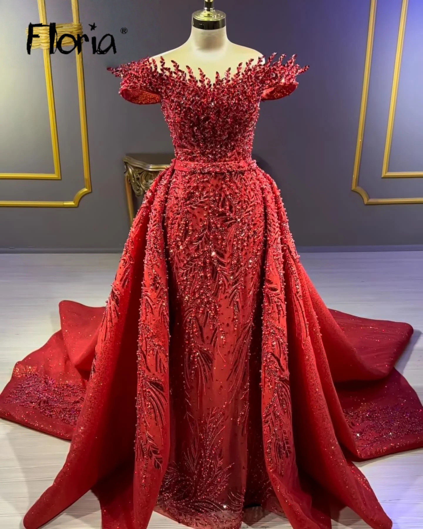 Burgunderrotes, perlenbesetztes Pailletten-Verlobungsfeierkleid mit Überrock, zweiteiliges Design, Dubai, arabisches Abendkleid, Promi-Maßgeschneidert 2025,
