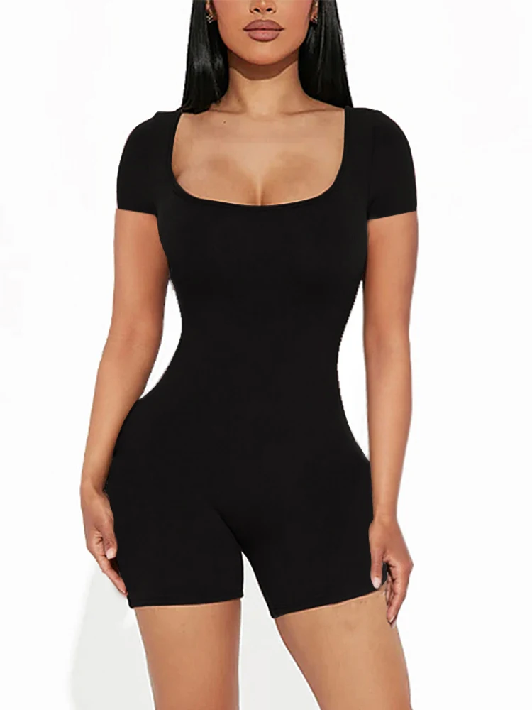 2023 sommer Neue frauen Sexy Einfarbig Kurzarm U Neck Overall Kurzen Overall Yoga Fitness Ein Stück Polyester