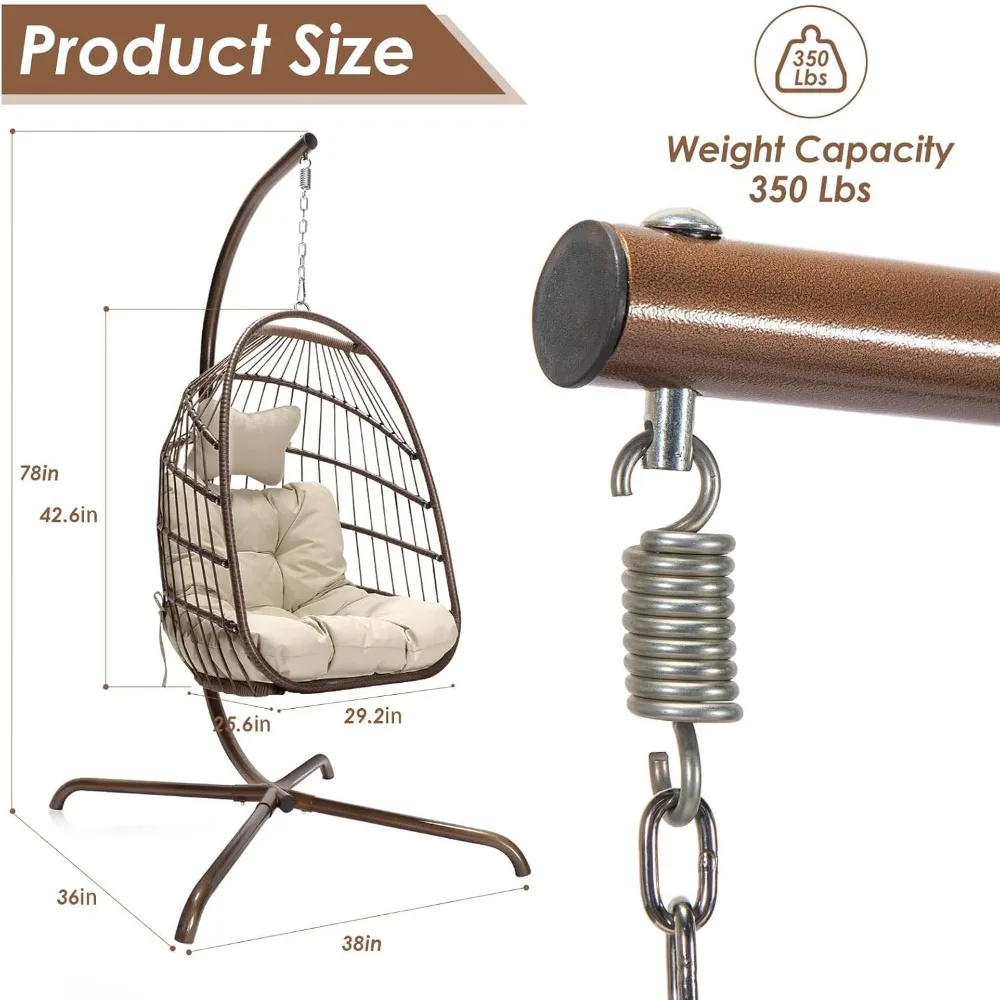 Swing Egg Chair Indoor Outdoor Patio Wicker Hanging Chair with Stand All Weather Egg Hammock Chairs with Cushions Swinging Chair