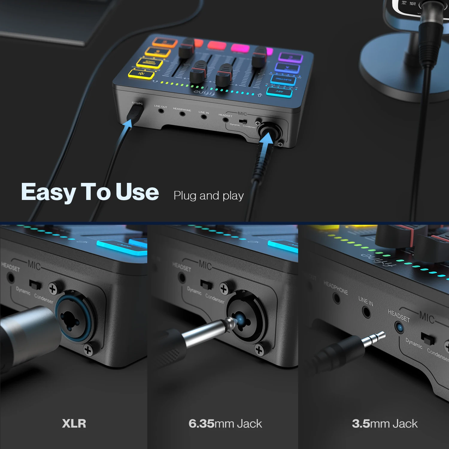 FIFINE-USB Gaming Mixer com Interface de Microfone XLR, 48V Phantom Power, Placa De Som RGB, Amplificador De Streaming, SC3, Placa De Som