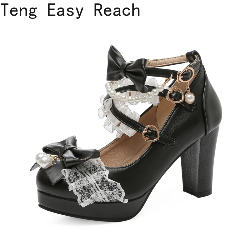 Cruz cinta feminina salto alto mary jane bombas festa de casamento cosplay branco rosa preto morango arco princesa cosplay lolita sapatos