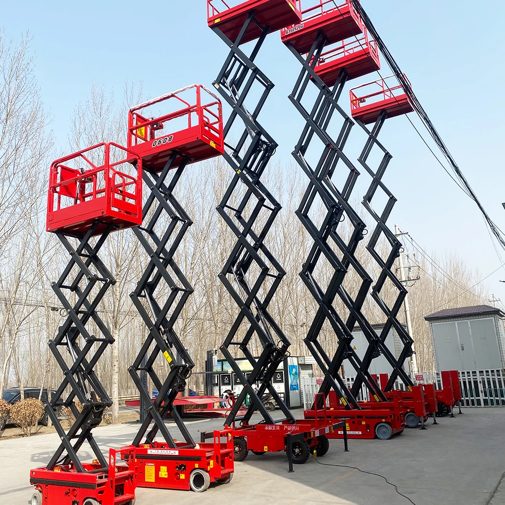 แพลตฟอร์มการทํางานทางอากาศ 320 กก. 350 กก. Self Propelled Hydraulic Scissor Lift Platform Table Electric Ladder Lift