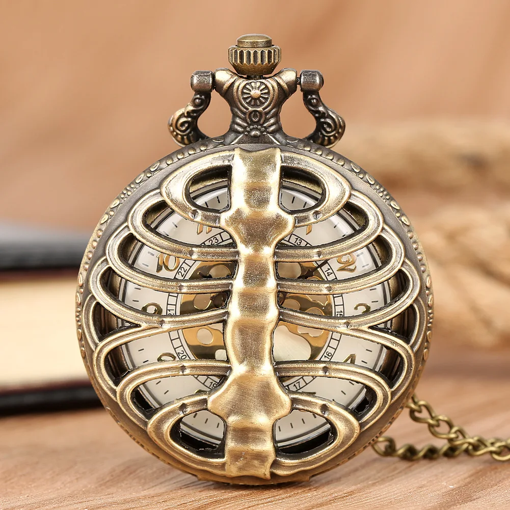 Interessante hohle Fischgrätenförmige Quarz-Taschenuhr, Vintage-Bronze-Armband-Halskette für Halloween-Geschenke für Männer und Kinder