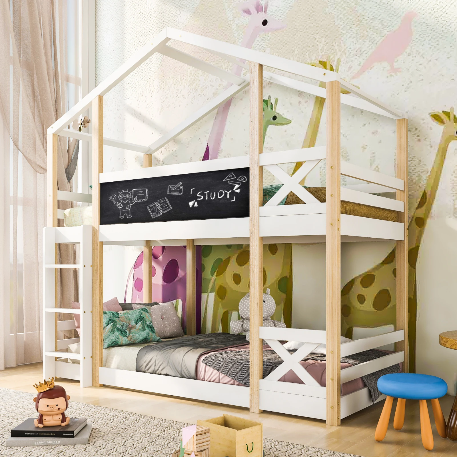 Estrutura de cama Tree House com gaveta, beliche para 2 crianças, estrutura de cama infantil com escorregador e quadro negro, 90x200cm