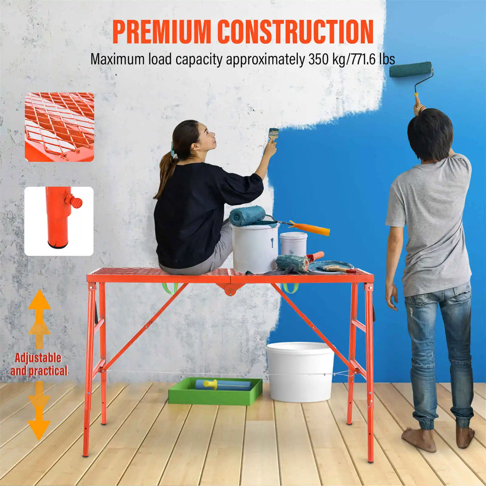 Portable Scaffolding, 770lb Capacity Workbench Step Ladder, Adjustable Height 27.6 to 45.7in Scaffolding Equipment (Red)