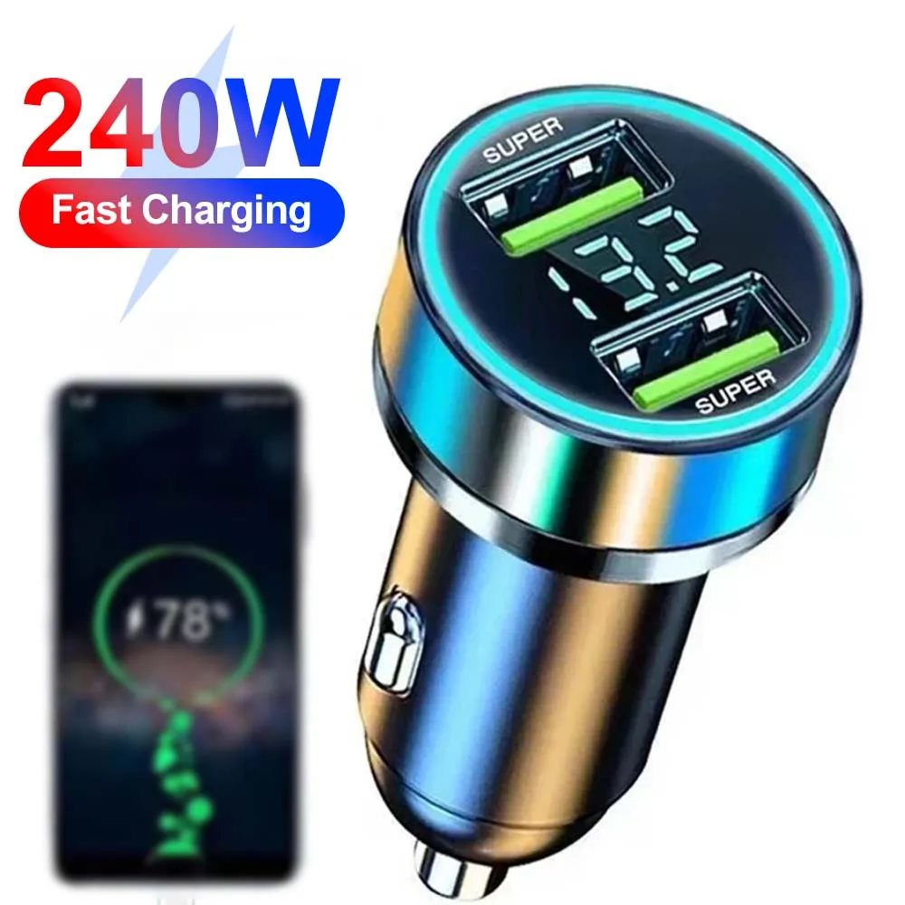 240 W Autoladegerät Schnellladung 2 USB-Anschlüsse Adapter für IPhone Samsung Xiaomi Schnellladegeräte mit Digitalanzeige