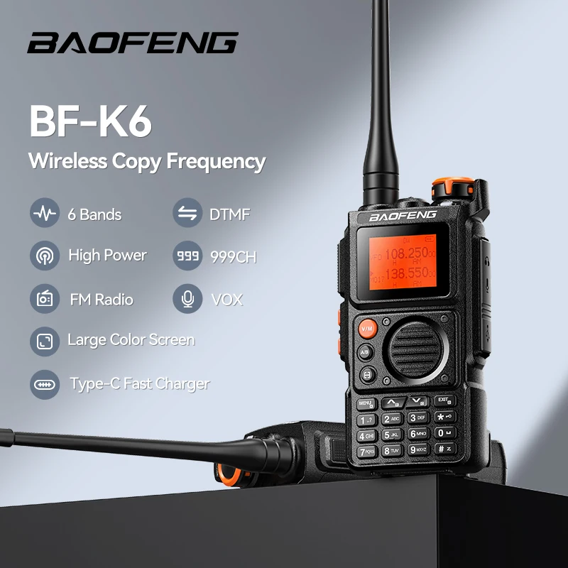 BAOFENG เครื่องรับส่งวิทยุ UV-K6, วิทยุสื่อสารแบบคลื่นความถี่เต็มรูปแบบไร้สาย Type-C ความถี่ในการคัดลอกแบบพกพาได้ไกล UHF VHF