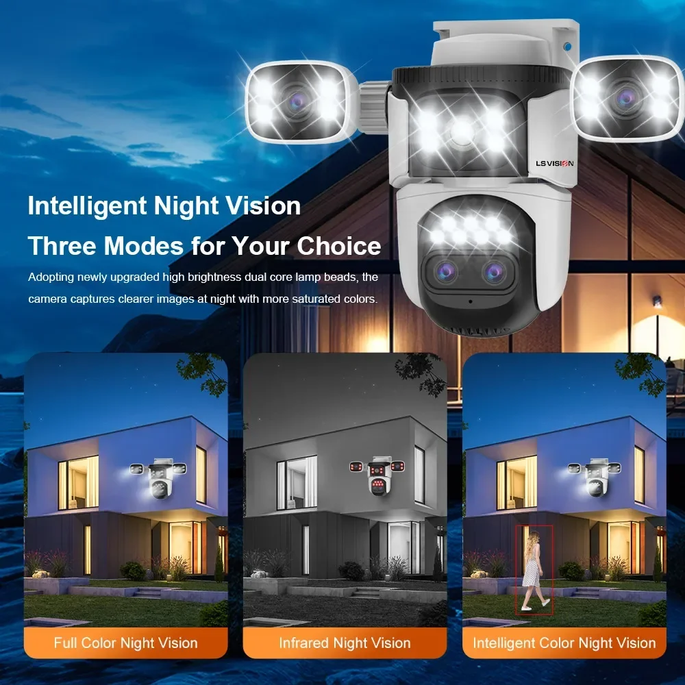 LS VISION 20MP 10X Zoom Three Screens WiFi IP Camera Wireless Outdoor 10K Four Lens PTZ Human Auto Tracking Surveillance Cameras