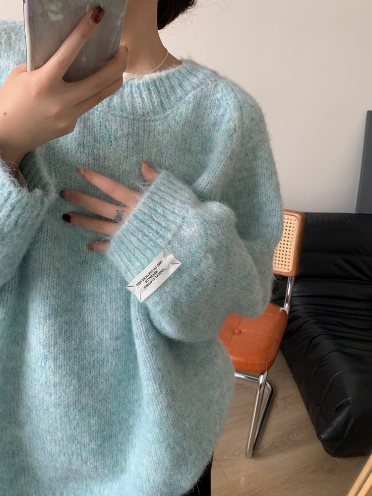 ミントグリーン怠惰なスタイル厚いニットセーター女性ルーズプラスサイズ秋冬韓国ハイエンドソフト居心地の良いニットトップ