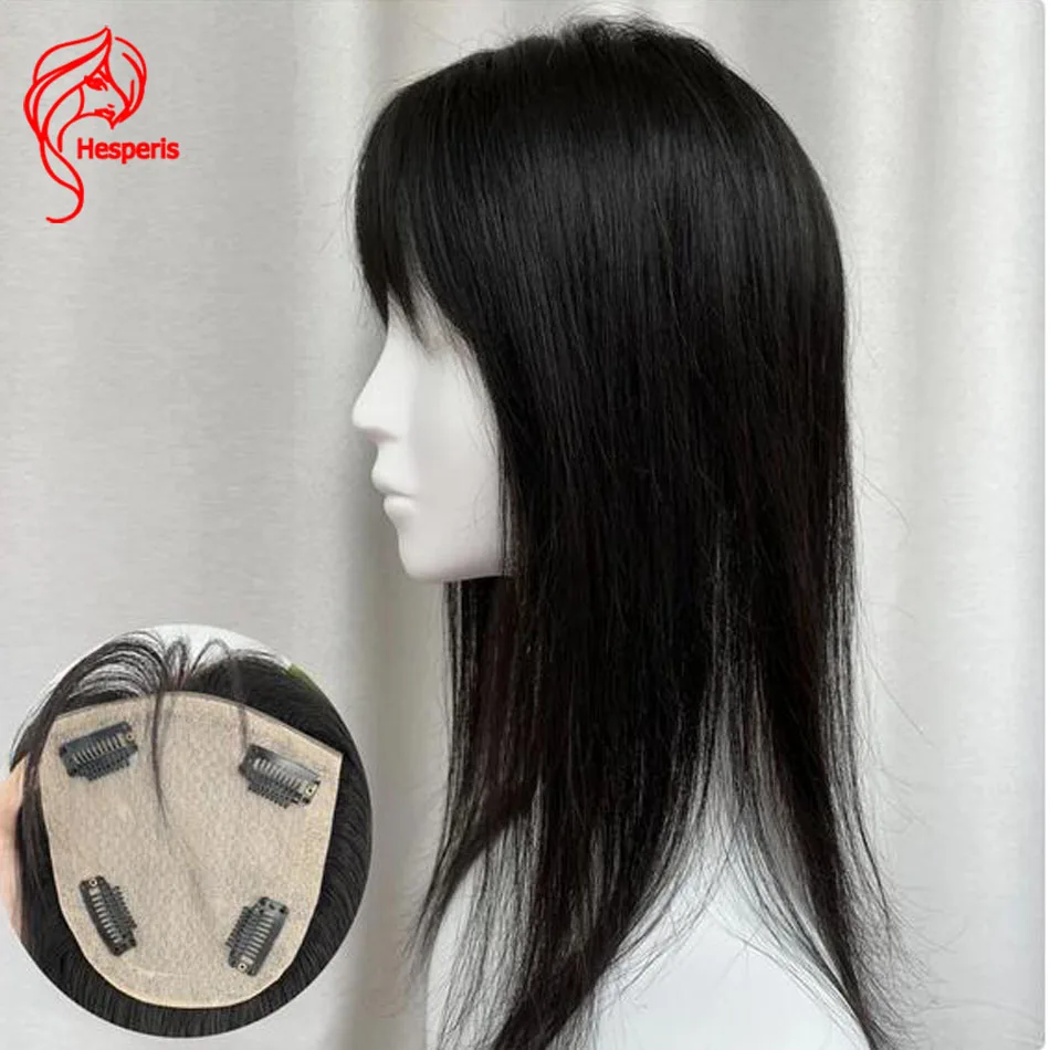 Hesperis Natural Cabelo Humano Topper com Franja Francesa, Cabelo Real Clip-in Topper para Volume e Cobertura Cinza, 5x6"