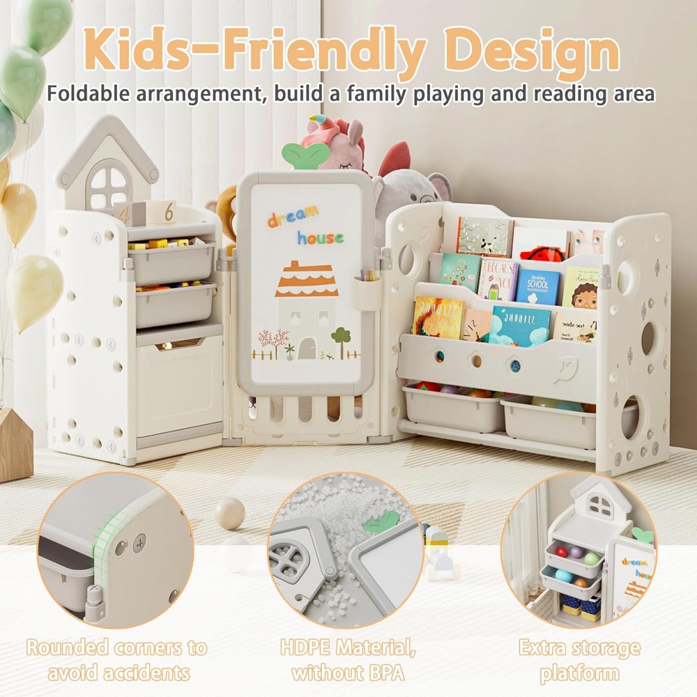 10-bin foldable toy organizer with 3-tier bookshelf for kids' storage