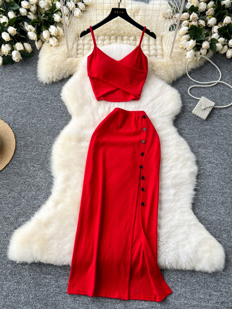 Летний сексуальный комплект Foamlina из 2 предметов для женщин, однотонный укороченный топ без рукавов с V-образным вырезом и разрезом с высокой эластичной талией