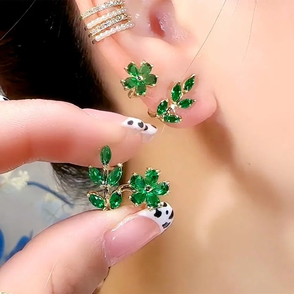 925 Zilveren Naald Groene Bloem Oorbellen Voor Vrouwen Koreaanse Mode-Sieraden 2023 Trending Luxe Zirkoon Blad Vrouwen Oorknopjes