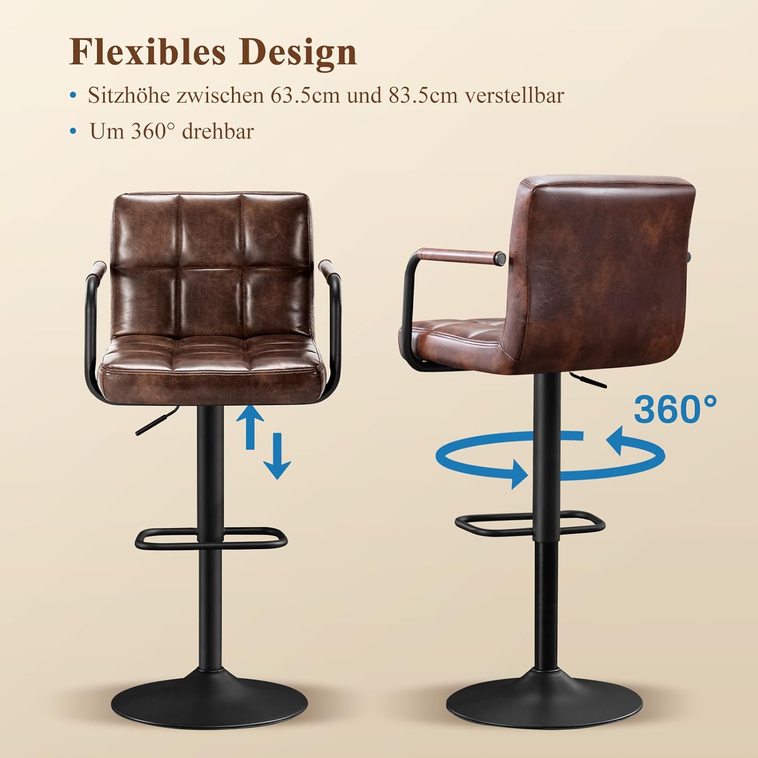 Set of 2, Barstuhl höhenverstellbar aus PU-Leather, 360 ° Swivel Chair Kitchen Chair with Armrest, Backrest and Footrest for Kitchen, W