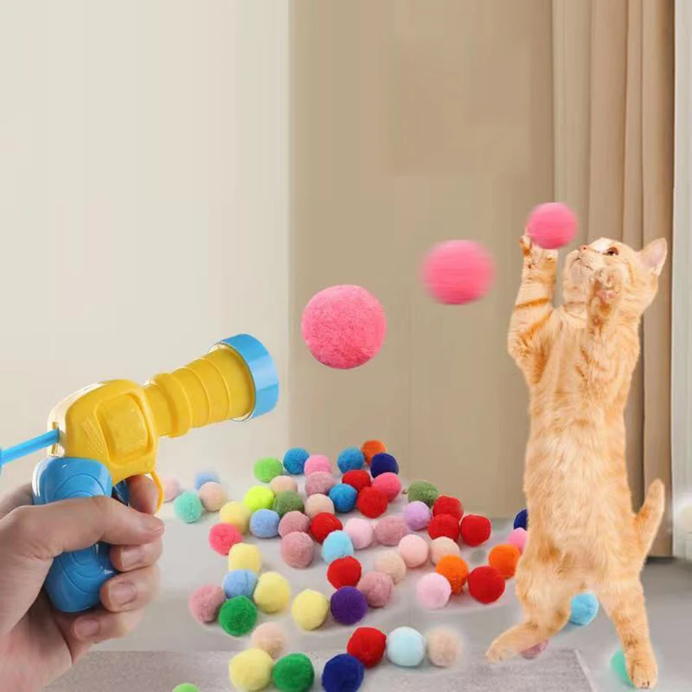 Cat Toy Interactive High Fun Toy Gun Plush Ball Firing Gun Silent Polyester High Bounce Ball Fun Cat Stick