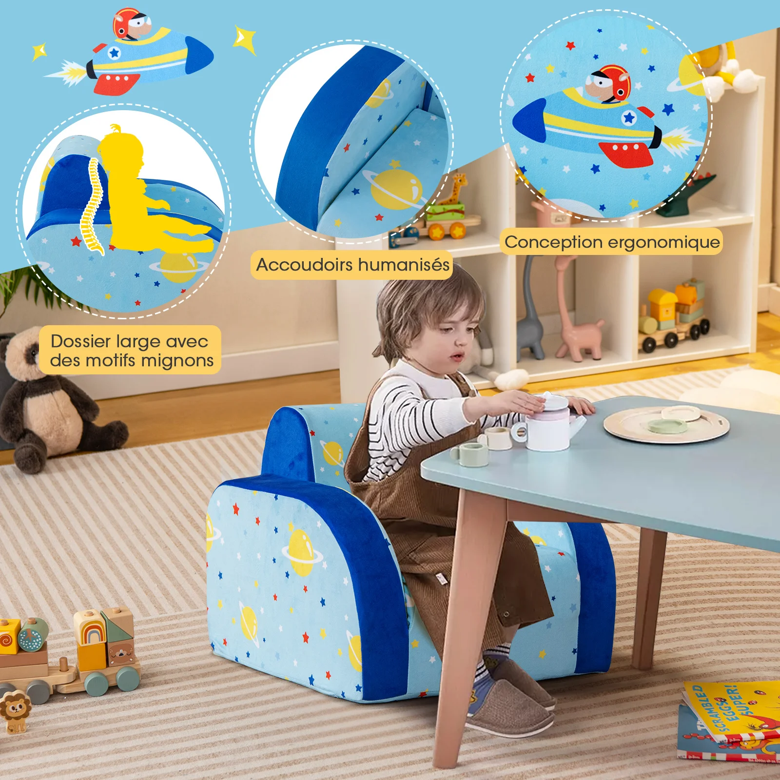 3 en 1 Canapé-Lit Enfant Pliable avec Motif de Planète, Fauteuil Enfant Convertible en Tissu Velours avec Accoudoirs Ergonomique, Housse Amovible & Lavable pour 0-5 Ans