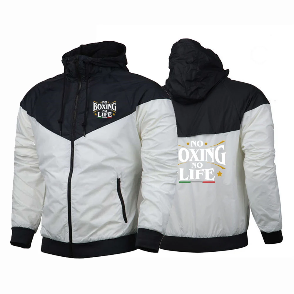 2025 No Boxing No Life Gym hombres primavera y otoño fino a prueba de viento Casual con capucha Color a juego moda estampado rompevientos abrigo