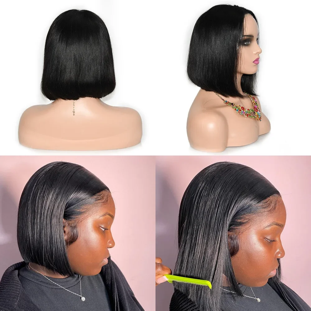 Gerade, leimlose Perücke, Echthaar, bereit zum Tragen, kurze Bob-Perücken für Frauen, transparent, vorgeschnitten, 4 x 4 Echthaar-Perücken, gebleichte Knoten