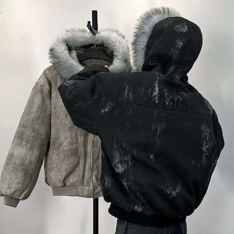 Kurtka bawełniana z futrzanym kołnierzem, haftowana orłem i barwiona metodą tie-dye, zimowa męska kurtka outdoorowa, gruba i wygodna.