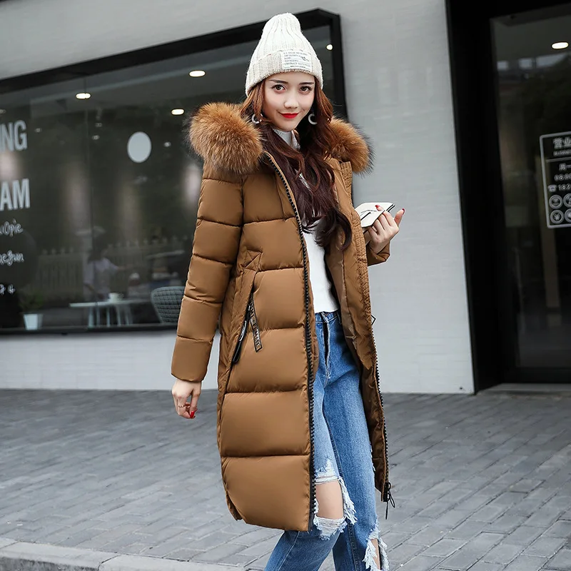 Parkas de plumas para mujer, chaqueta de invierno con cuello de piel grande, abrigo grueso y delgado, prendas de vestir exteriores de algodón con capucha a la moda, abrigo largo de invierno para mujer 2024