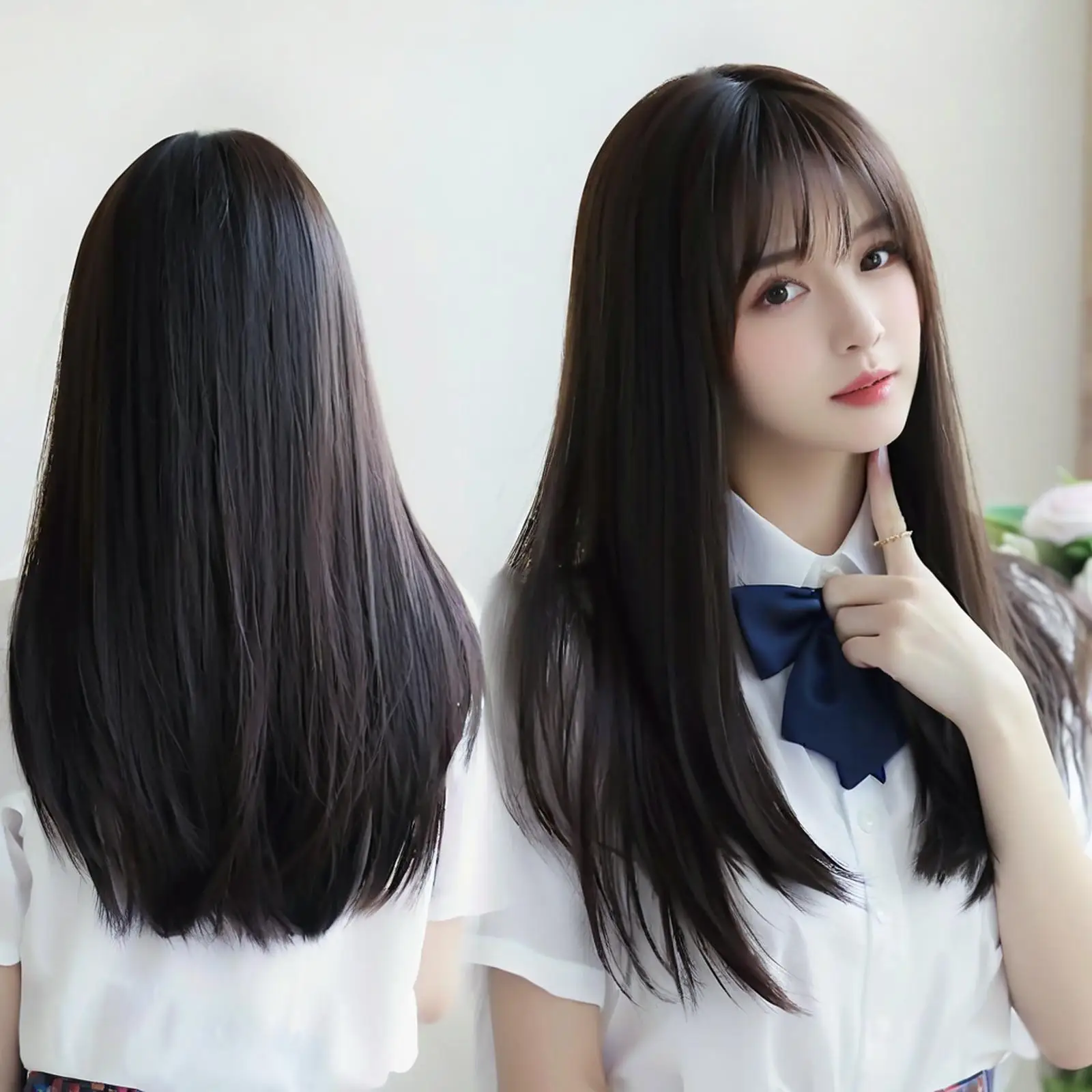 Coreia extensões de cabelo sintético bonito jk menina cosplay ar franja peruca respirável cabeça capa 50cm longa peruca reta chapéu para mulher
