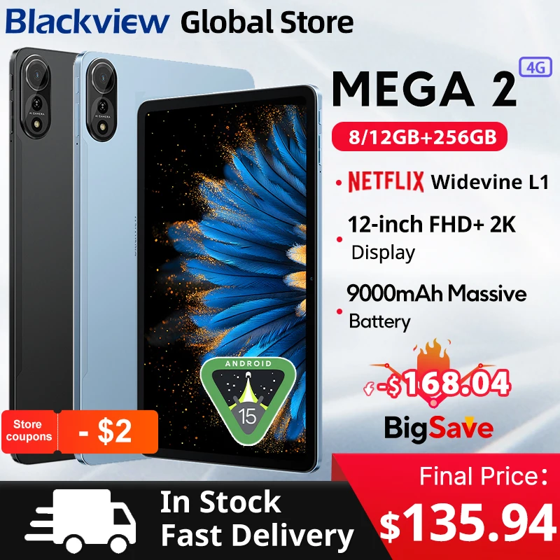 Blackview MEGA 2 Tablets 12 дюймов 2K Display Widevine L1 24 ГБ (8+16) Android 15 256 ГБ 9000 мАч AI Основная камера Pad PC