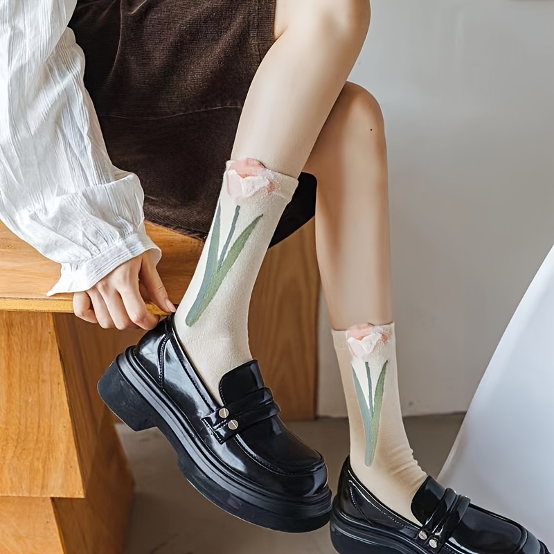 Conjunto de calcetines florales para mujer, calcetines tobilleros con textura 3D de flores, mezcla de algodón, de la suerte, 4 pares