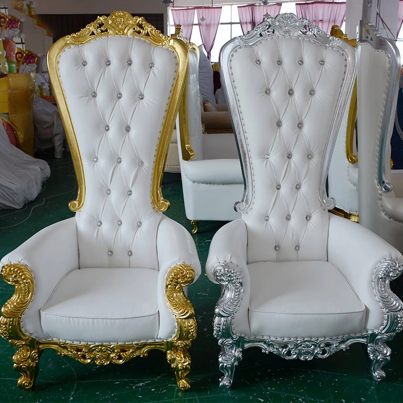 Cadeiras luxuosas de luxo king e queen com encosto alto prateado branco royal king com encosto alto para casamento em hotel usado