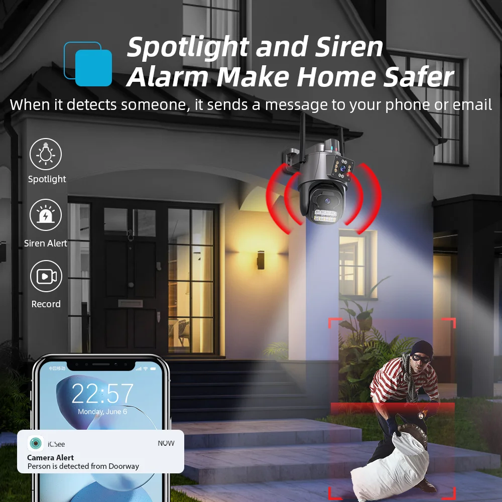 Cámara inalámbrica Wifi de doble lente PTZ de 8MP, 4K, cámara de vigilancia humana Ai para exteriores, detección de cámara IP de seguridad, seguimiento automático, aplicación iCSee