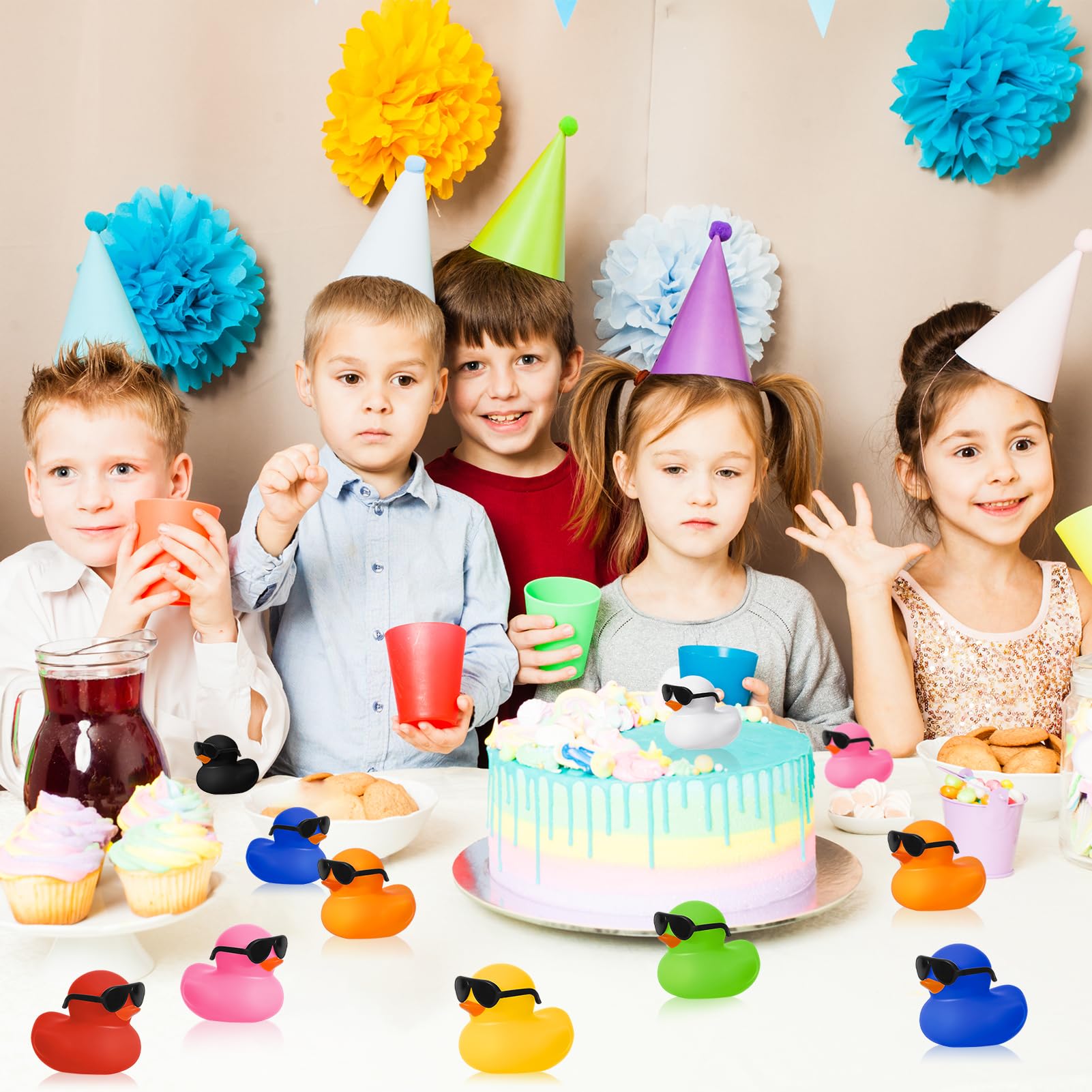 1-100pc Mini Orange Rubber Ducks Set in Bulk with Sunglasses Float Squeak Tiny  Rubber Duck Toy for Kids Party Birthday Supplies